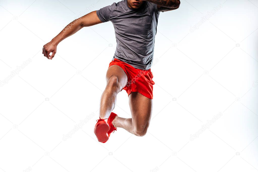 Jumping man wearing stylish and comfortable sportswear