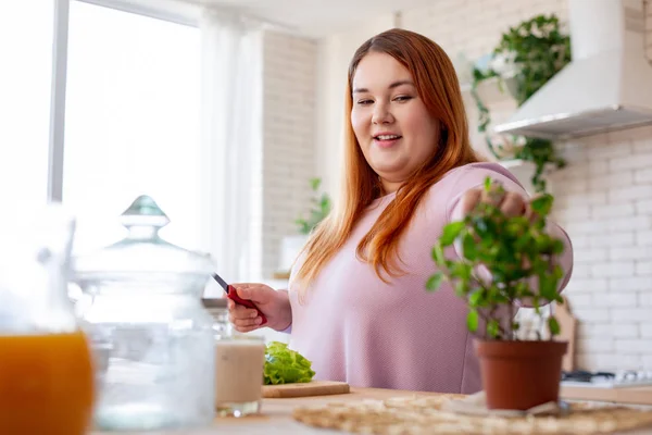 Gladlynt snygg kvinna matlagning i köket — Stockfoto