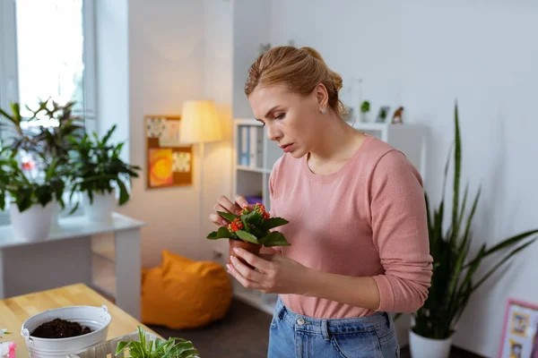 Rubia peludo botánica profesora holding agradable planta con rojo flores — Foto de Stock