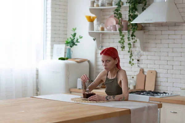 Red-haired woman looking miserable after suffering from anorexia — Stock Photo, Image
