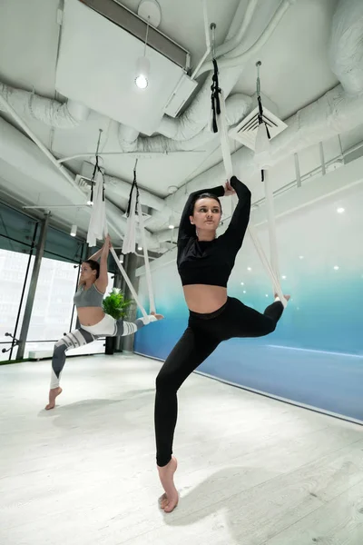 Dark-haired sisters meeting and doing aerial yoga together