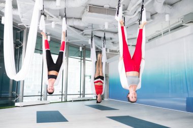 Kadın ve erkek, hava yogası yaparken profesyonel pozlar veriyorlar.