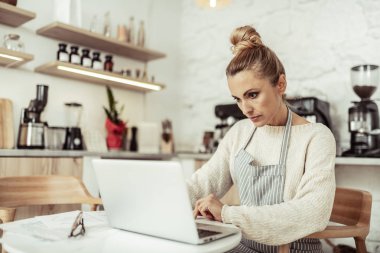 Odaklanmış kafe sahibi dizüstü bilgisayarında çalışıyor.