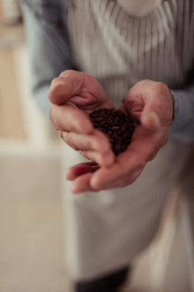 Barista holding a palmful of freshly roasted coffee. — Stock Photo, Image