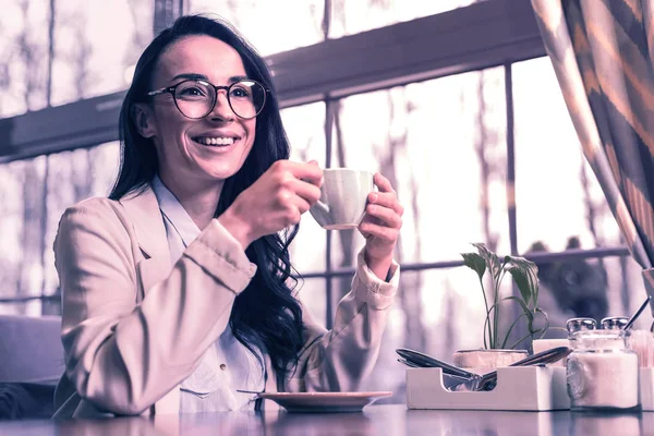 Best Drink Joyful Happy Woman Drinking Her Coffee While Having — Stock Photo, Image