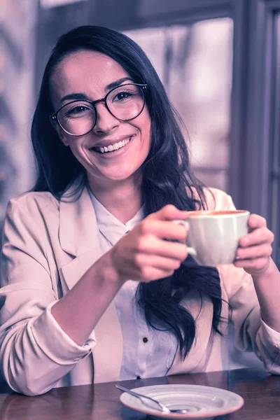 Best Cappuccino Nice Positive Woman Holding Cup Coffee While Being — Stock Photo, Image