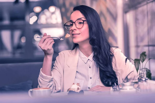 Delicious Dessert Beautiful Nice Woman Taking Piece Cake While Sitting — Stock Photo, Image