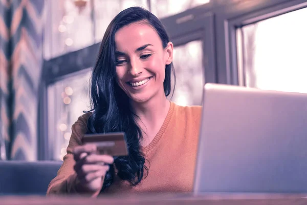 Successful Payment Delighted Positive Woman Sitting Laptop While Looking Her — Stock Photo, Image