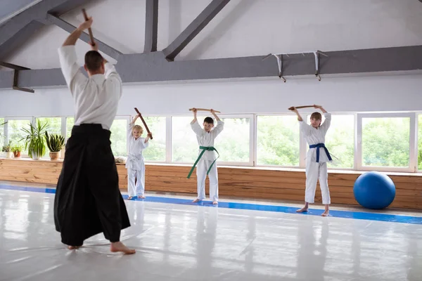 Treinador de aikido profissional ensinando crianças talentosas no ginásio — Fotografia de Stock