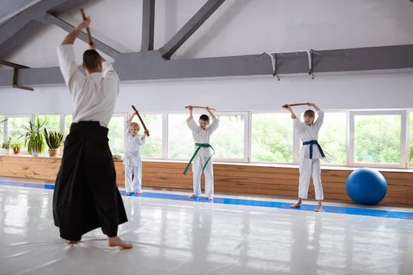 Profesyonel aikido eğitmen spor salonunda yetenekli çocuklara öğretim