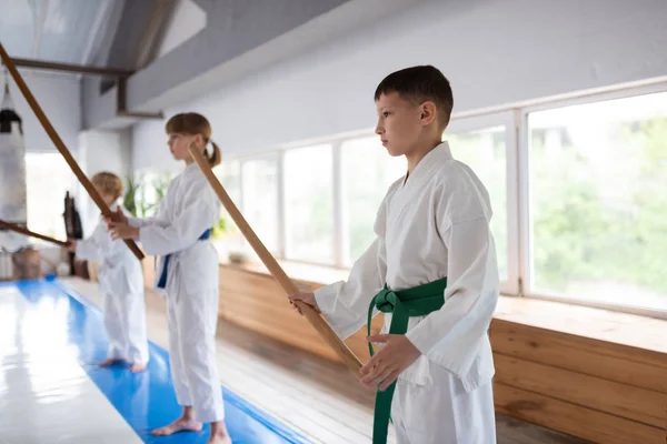 Meninos e meninas sentindo aikido aprendizagem séria no fim de semana — Fotografia de Stock