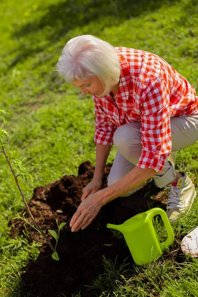 Bella donna in pensione godendo il processo di piantare albero — Foto Stock