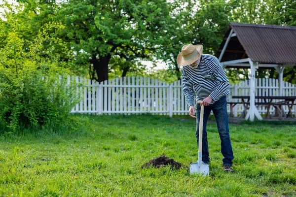 Hombre jubilado disfrutando de su tiempo mientras trabaja en el jardín cerca de la casa — Foto de Stock