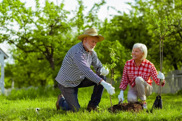 Esposa sonriendo mientras observa a su marido plantando árboles —  Fotos de Stock