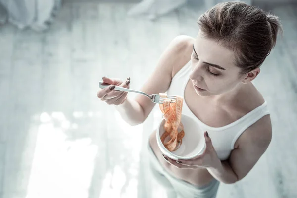 Close up of serious girl that going to eat — Stock Photo, Image