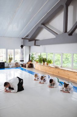 Çocuklar ve eğitmen geniş salonda aikido dersi başlıyor