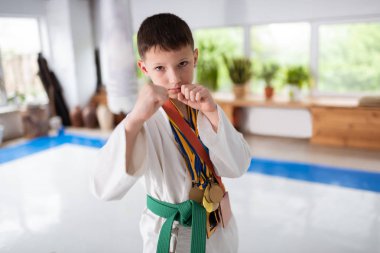 Aikido'ya yumruklarını gösteren kara gözlü çocuk