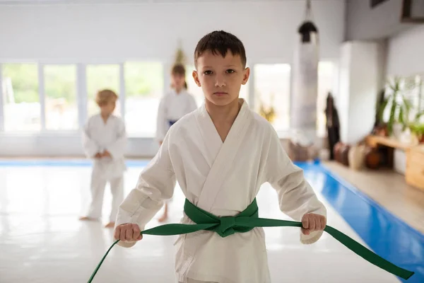 Junge studiert Kampfkunst mit Kimono und grünem Gürtel — Stockfoto