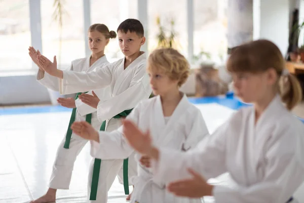 Jungen fühlen sich beim gemeinsamen Aikido-Üben eingebunden — Stockfoto