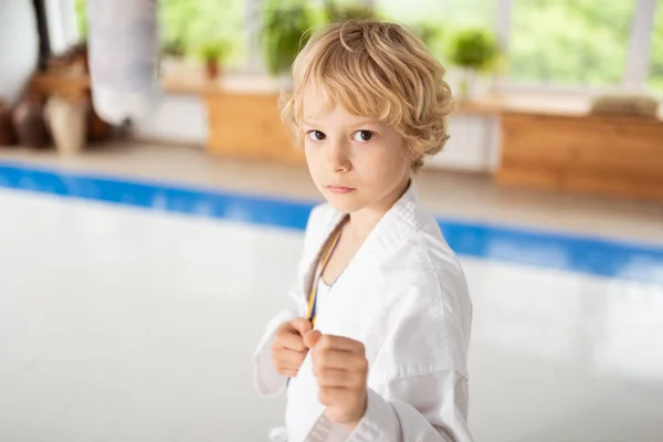 Bonito menino de olhos escuros vestindo quimono branco mostrando seus punhos — Fotografia de Stock