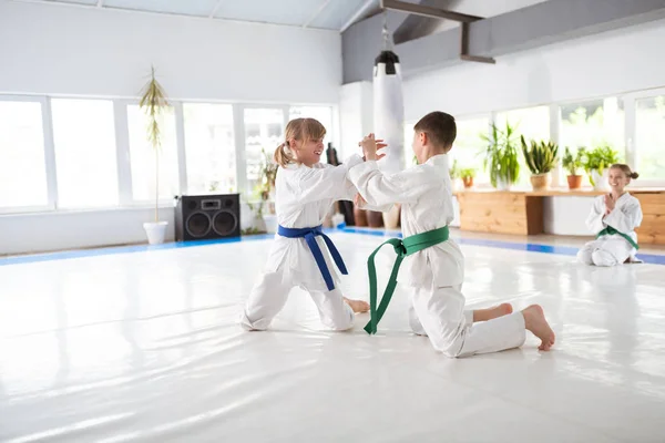 Kinder lächeln beim Erlernen von Aikido-Bewegungen im Unterricht — Stockfoto