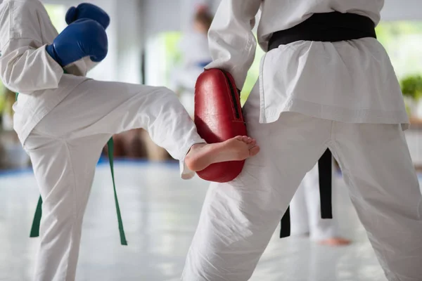 닫기 의 aikido 트레이너 과 소년 연습 펀치 — 스톡 사진