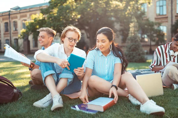 Gruppe junger Leute studiert sitzend auf dem Gras. — Stockfoto