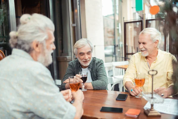 Hombres de pelo gris barbudo bebiendo alcohol y hablando — Foto de Stock