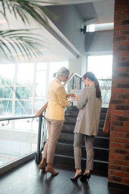 Ortak projeler. Merdivenlerde duran ve bir planlama takvimine bakan şık kıyafetler içinde iki Kafkas iş kadınının tam uzunlukta portresi