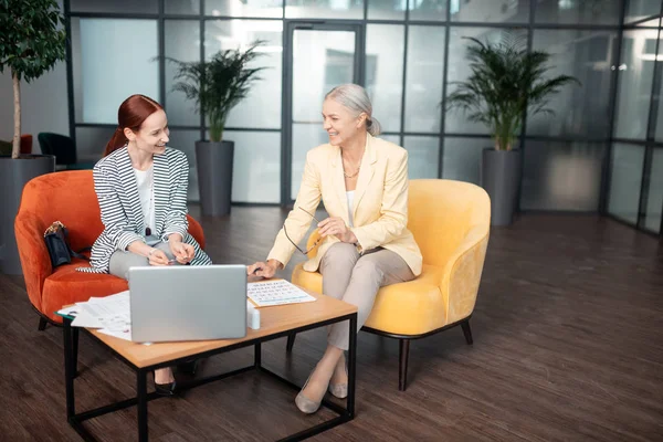 Good company. Two smiling stylish businesswomen sitting in comfortable arm-chairs in a modern office with glass walls
