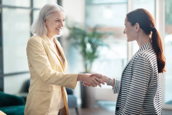Улыбающиеся деловые женщины пожимают руки на их деловой встрече — стоковое фото
