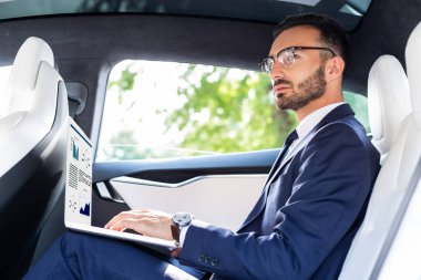 Arabada otururken dizüstü bilgisayar üzerinde çalışan meşgul işadamı