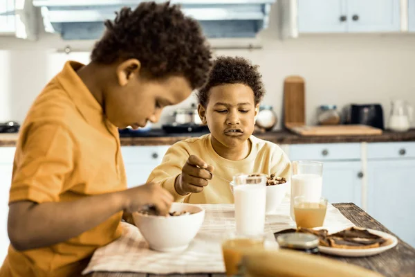 시리얼과 우유 - 두 어린 소년을위한 건강에 좋은 아침 식사. — 스톡 사진