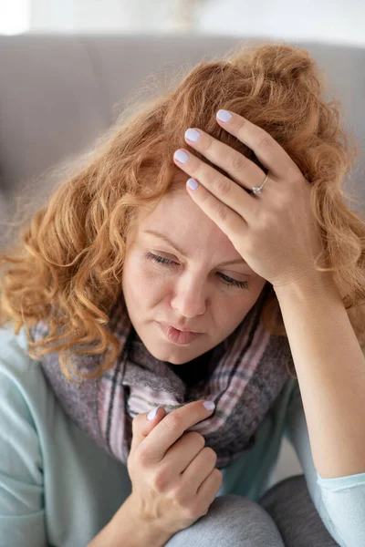 Red-haired woman feeling awfully bad after catching cold — Stock Photo, Image