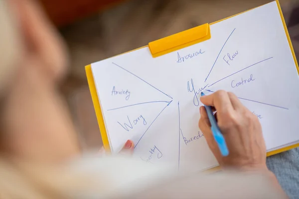 Psicólogo analisando o estado mental do cliente ao fazer anotações — Fotografia de Stock