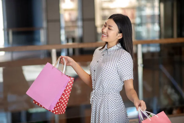 Feliz morena mujer caminando con bolsas de compras, radiante —  Fotos de Stock