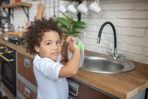 Pretty curly-haired kid washing the plate and looking serious — Stock Photo, Image