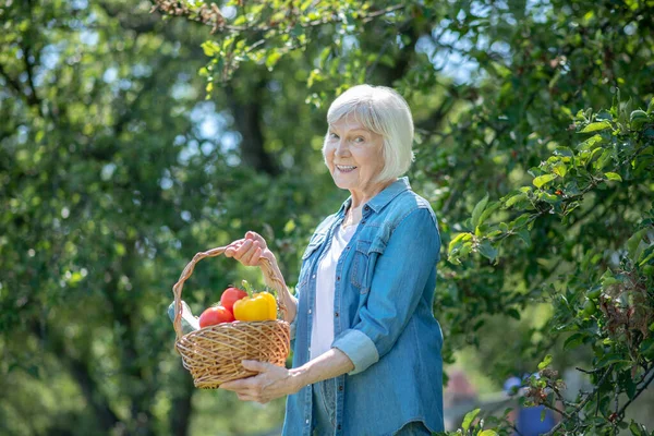 Mujer sonriente sosteniendo una canasta con pimientos y tomates —  Fotos de Stock