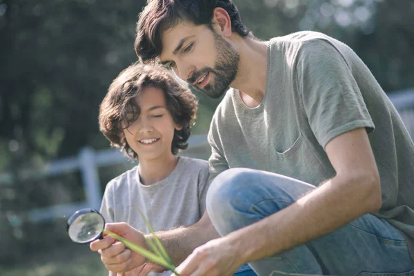 Garçon aux cheveux bruns et son père regardant la plante à travers la loupe — Photo