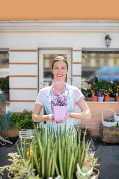 Hembra de cabello castaño con labios rojos sosteniendo flor púrpura en maceta fuera de la tienda de flores — Foto de Stock