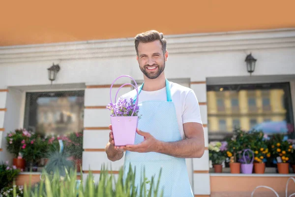 Mörkhårig skäggig hane med lila blomma i kruka utanför blomsteraffär — Stockfoto