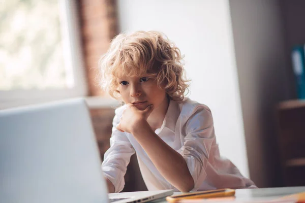 Aranyos szőke fiú ül a laptop és keres részt — Stock Fotó