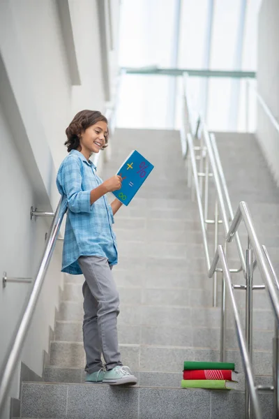 Happy schoolboy standing on stairs, reading book — Stock Photo, Image