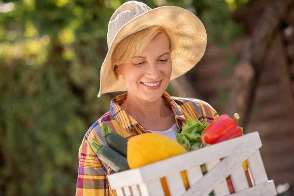 Sarışın kadın sebzeli sepet tutuyor, içindekilere bakıyor. — Stok fotoğraf