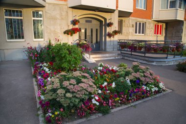 Çiçek tarlaları ve çeşitli bitkilerden oluşan parlak bitkiler batan güneşin ışınlarında bir yerleşim yerinin girişinin önünde. Tarım, kentlerin peyzaj düzenlemesi.