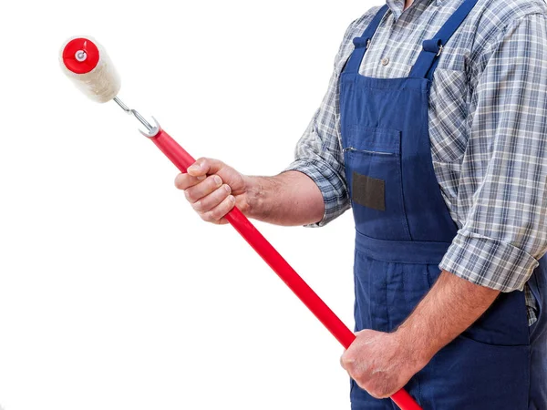 Workman Huisschilder Het Werk Met Roller Hand Geïsoleerd Witte Achtergrond — Stockfoto