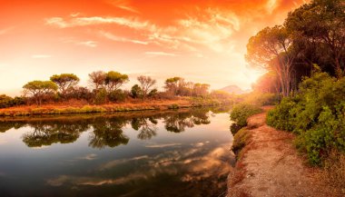 Güzel manzara, bir su birikintisi günbatımı ağaçlar ve su gökyüzünün yansıması ile. Stagno Petrosu, Orosei. Sardunya.