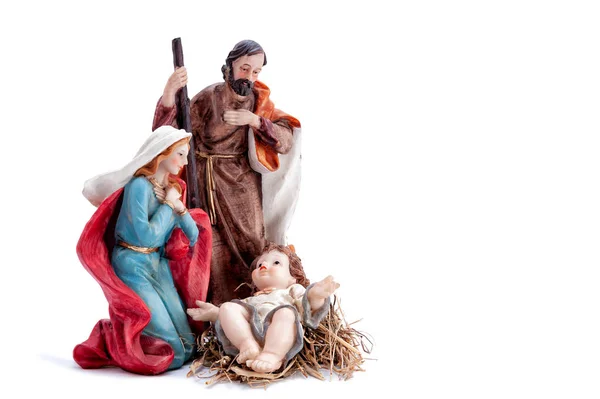 クリスマスのキリスト降誕のシーン マリアとヨセフと飼い葉桶の赤ん坊イエスは白い背景の分離 — ストック写真