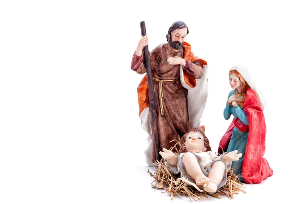 Vánoční Betlém se svatou rodinou, izolované na bílém pozadí. — Stock fotografie