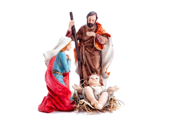 神聖な家族、白い背景で隔離のクリスマスのキリスト降誕のシーン. — ストック写真